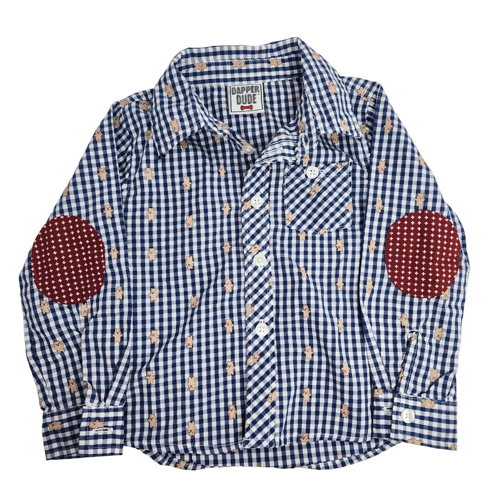 Dapper Dude Button Down Shirt Boys 24M Blue Gingham Bear Elbow Patch D84518RO